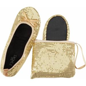 imageShoes 18 Womens Foldable Portable Travel Ballet Flat Shoes wMatching Carrying CaseSequins Gold
